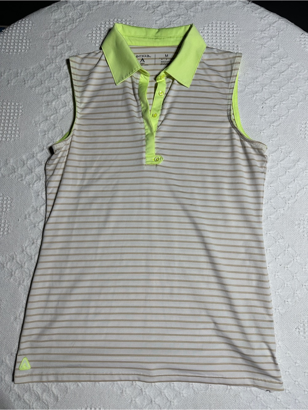 Antigua Sleeveless Polo Tank Top in Neon Yellow and Beige Stripes- M